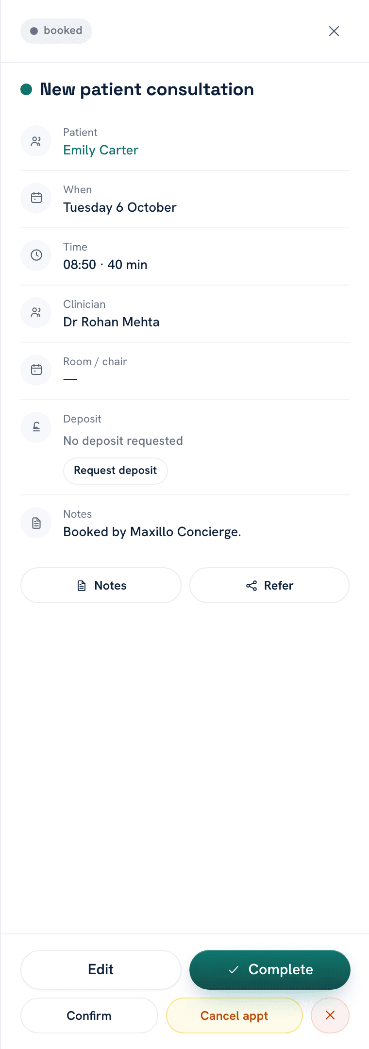 The appointment panel in the diary