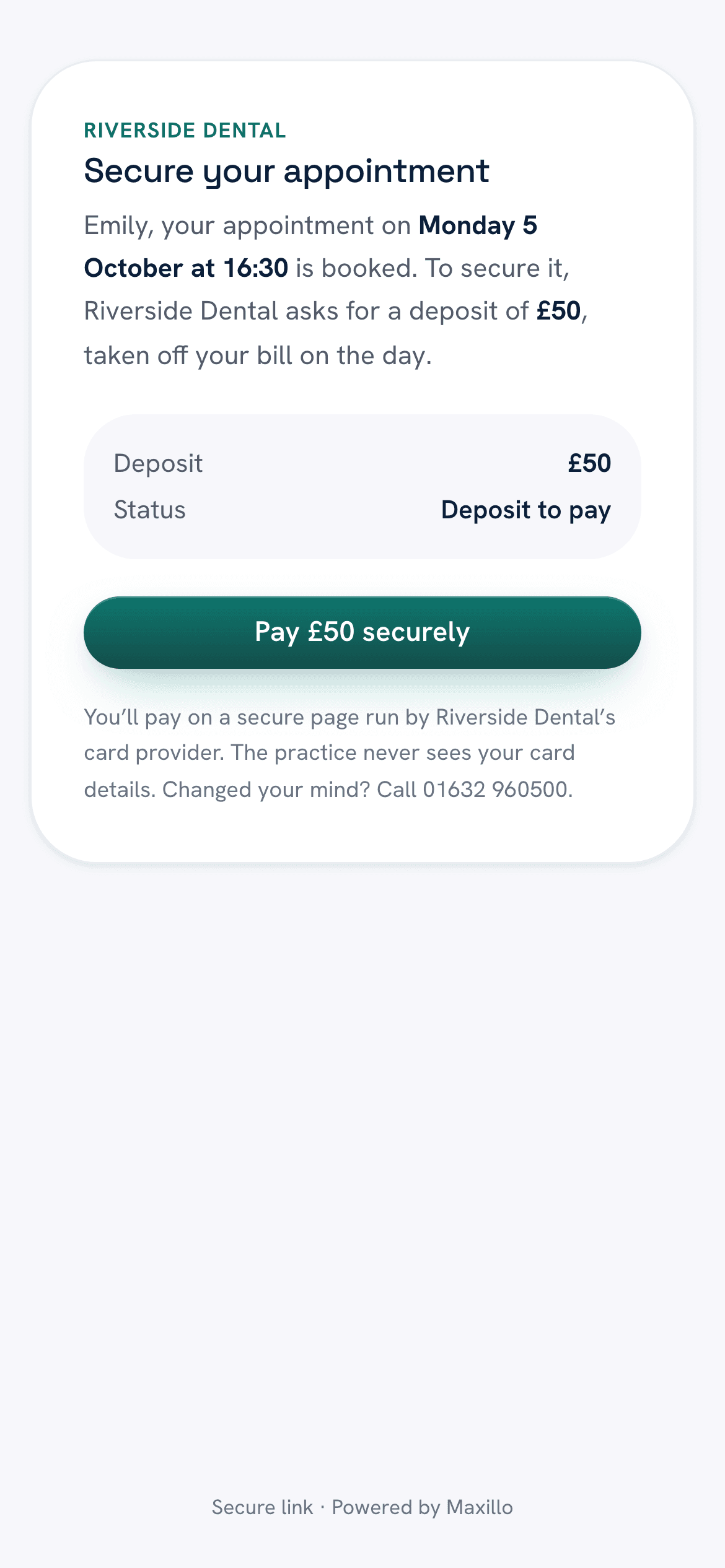 The deposit page on the patient's phone