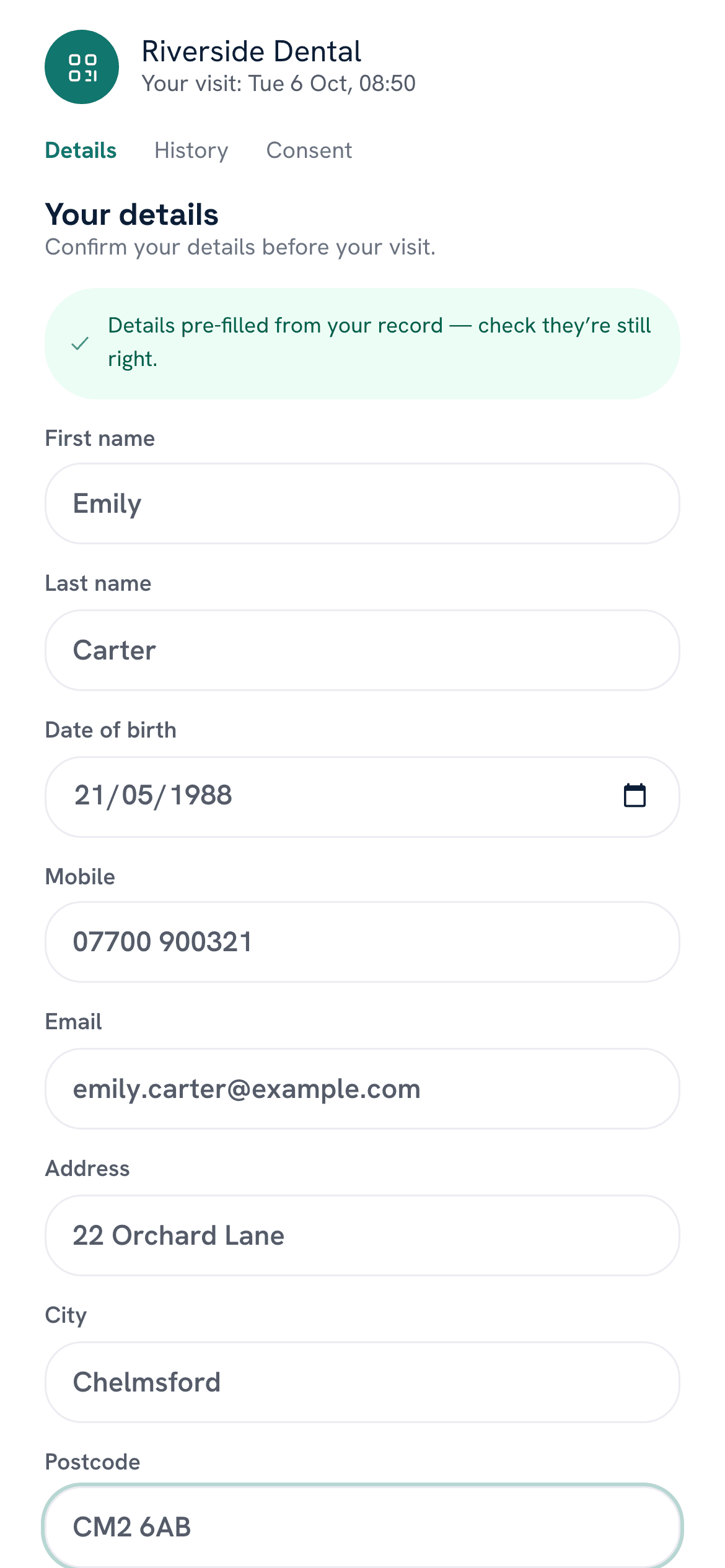 The Welcome form on the patient's phone